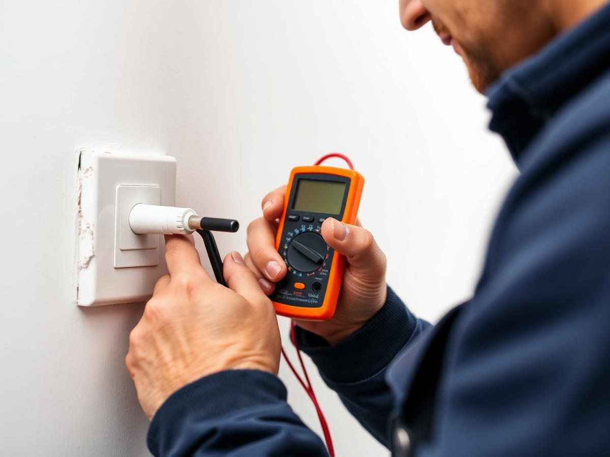Electrician testing a domestic socket with a multimeter